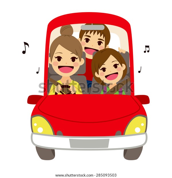 Happy mom\
and kids singing on car driving to\
school