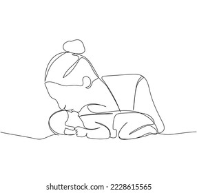 Happy mom kissing newborn one line art. Continuous line drawing of newborn, motherhood, family, love, child, care.