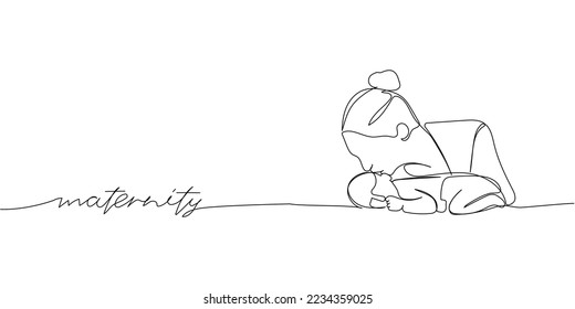 Happy mom kissing newborn one line art with an inscription maternity. Continuous line drawing of newborn, motherhood, family, love, child, care.
