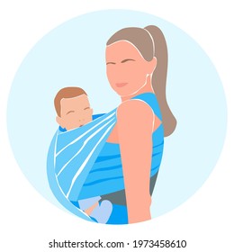Happy Mom with little baby boy in a blue sling. Minimalist portrait avatar. Love and care concept. Vector flat modern illustration