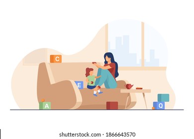 Happy mom and little daughter playing at home. Drinking tea, toy blocks, parent and kid flat vector illustration. Parenthood, motherhood, family concept for banner, website design or landing web page