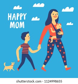 Happy mom. Lovely mother with children. Cartoon illustration about family for your design.