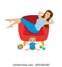 Happy mom with playing baby icon vector. Woman and her little baby boy relaxing in an armchair vector. Woman resting with hands behind head vector. Resting mother icon isolated on a white background