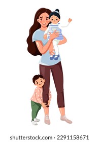 Happy mom with small children. A young mother holds a baby in her arms. Family. Vector illustration in cartoon style on a white background