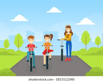 Happy Mom, Son and Daughter Riding Bikes in Park, Sports and Leisure Outdoor Activity Cartoon Vector Illustration