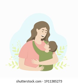 Happy mom and son are hugging against the background of floral motives. Mothers Day. The concept of love and protection of the child by the parent. Flat vector illustration.