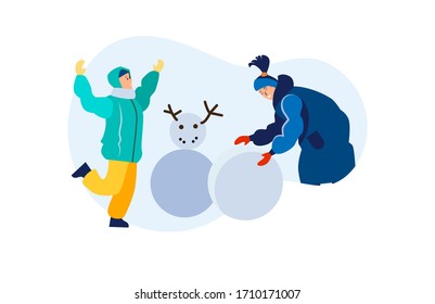 Feliz madre e hijo haciendo muñecos de nieve afuera. Niña y joven disfrutando de la actividad invernal ilustración vectorial plana. Familia, concepto de estilo de vida para banner, diseño de sitio web o página web de inicio