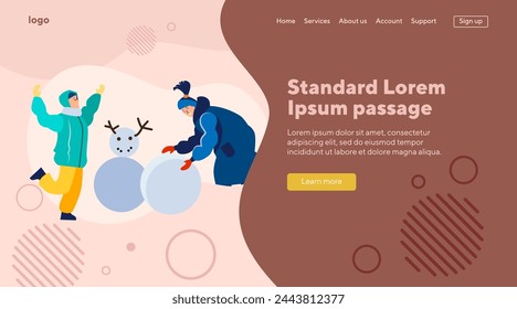 Happy mom and son making snowman outdoors. Young woman and boy enjoying winter activity flat vector illustration. Family, lifestyle concept for banner, website design or landing web page
