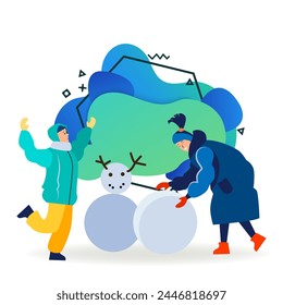 Happy mom and son making snowman outdoors. Young woman and boy enjoying winter activity flat vector illustration. Family, lifestyle concept for banner, website design or landing web page