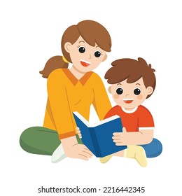 Feliz de que mamá y su hijo lean el libro juntos. Mamá e hijo leyendo un libro sentado en el suelo.