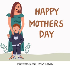 Happy mom and son schoolboy, preschooler. Happy mother's day. Positive joyful female parent and joyful young child standing together, mother's protection, mother's hands on child's shoulders. 