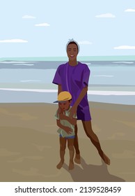 Happy mom and son are standing on the beach. The weather is clear