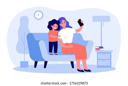 Happy mom and sweet daughter taking selfie on smartphone. Mother and child with mobile phone having fun at home together. Flat vector illustration for technology, photo, family concept