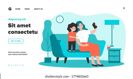Happy mom and sweet daughter taking selfie on smartphone. Mother and child with mobile phone having fun at home together. Flat vector illustration for technology, photo, family concept
