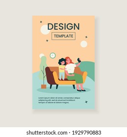 Happy mom and sweet daughter taking selfie on smartphone. Mother and child with mobile phone having fun at home together. Flat vector illustration for technology, photo, family concept