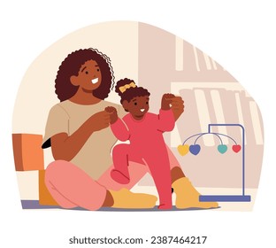 Happy Mom and Toddler Daughter Characters. Loving Mother Engages Her Giggling Baby On The Floor, Sharing Precious Moments Of Joy, Bonding, And Endless Smiles. Cartoon People Vector Illustration