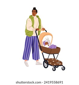 Mamá feliz caminando con su bebé en un paseo. Madre y niño afroamericano, paseando con carruaje, cochecito. Mamá va, niño durmiendo. Ilustración vectorial gráfica plana aislada en fondo blanco