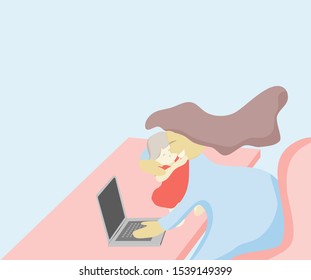 Happy mom is working on computer with child