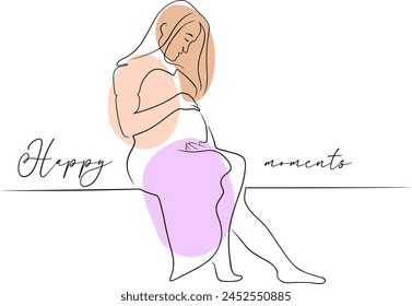 Happy moments abstract banner with mom, text and pregnant woman in line art style