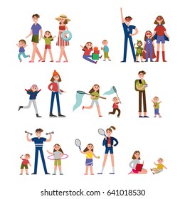 Happy moments in family life, activity and leisure. Family set colorful characters with parents and children vector Illustrations