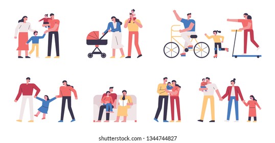 Happy moments of family spending time together. Various kinds of sets. flat design style minimal vector illustration