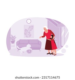 Happy moments of grandchildren hugging grandmother spending time together, and playing with cats in the living room. Trend Modern vector flat illustration.