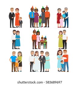 Happy moments in human life collection on white. Hilarious life moments vector set of wedding, Birthday of Children, relationships between family. Smiling family members celebrating holidays together.