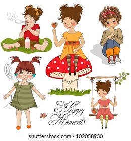 happy moments items collection on white background