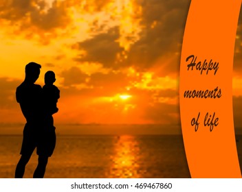 Happy moments of life vector. Dad and Son Silhouette on Sunset Sea Background. 