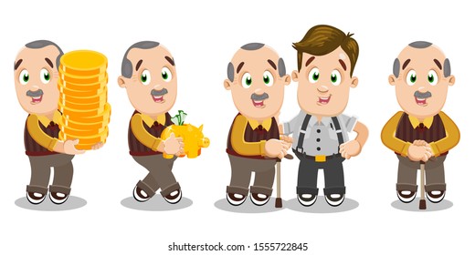 Happy moments of moustached silver haired aged man`s life. Elderly grandfather keeping pile of big gold coins, carrying piggy bank, standing with walking stick near son. Vector cartoon set on white.