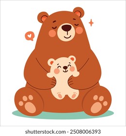 Happy mommy bear and baby bear cartoon characters, wildlife animals family, Design for babies and children's graphics, prints, fabrics, textiles and baby wea,flat vector minimal Scandinavian stye