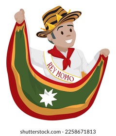 Happy Momo King wearing white clothes, sash and sombrero vueltiao, while hold the Barranquilla's flag.