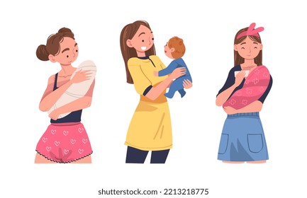 Happy Moms Holding Babies In Their Arms Set. Parent Hugging Adorable Small Baby Cartoon Vector Illustration