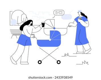 Happy moms isolated cartoon vector illustrations. Young moms walk with strollers and drink coffee in the city park together, recreation mothers day, happy parenthood vector cartoon.