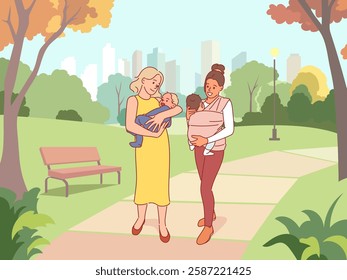 Happy moms walking in park. Women with little babies outdoor, mothers hold newborn kids in their arms and in sling, parents with infant child, cartoon flat style isolated vector concept