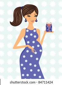 Happy mom-to-be holding a little gift box