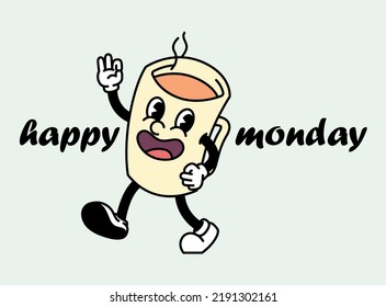 Happy monday with cartoon retro character coffee mascot