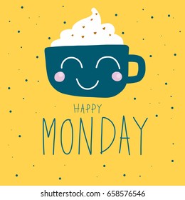 Happy Monday cute coffee cup on polka dot background vector illustration