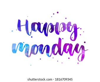 Happy Monday - handwritten modern calligraphy watercolor lettering with abstract dots decoration. Blue and purple colored.