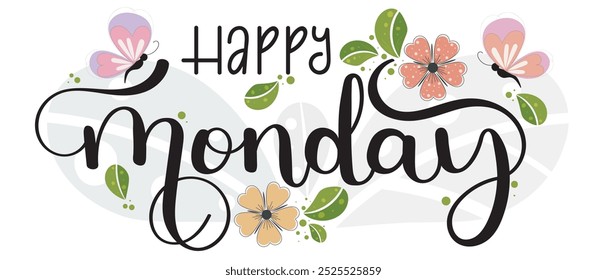 Feliz LUNES. Hola lunes días de Vector de la semana con flores, mariposas y hojas. Ilustración (lunes)