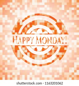 Happy Monday! orange tile background illustration. Square geometric mosaic seamless pattern with emblem inside.