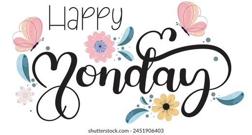 HAPPY MONDAY smile . Monday background vector with flowers, butterfly and leaves. Monday day of the week motivation. illustration inspiration
