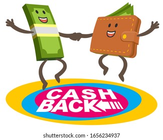 Happy money character and wallet character jumping on the trampoline. Cash back theme. Vector Illustration.