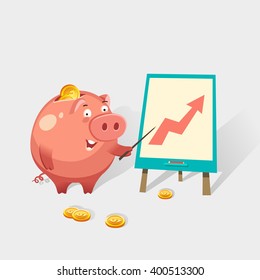 Happy money piggy bank character making a presentation about business growth. Saving money concept. Vector colorful illustration in flat style