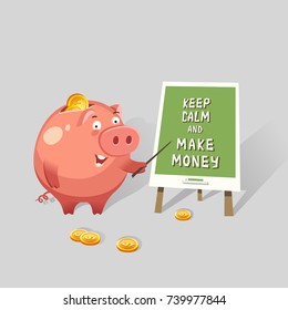 Happy money piggy bank character making a presentation about business. Making money concept. Vector colorful illustration