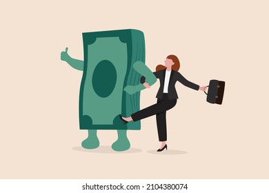 Happy money, rich and achieve financial freedom, success investment, income or salary increase, personal finance concept, success businesswoman walking arm in arm with joyful money banknotes bundle.