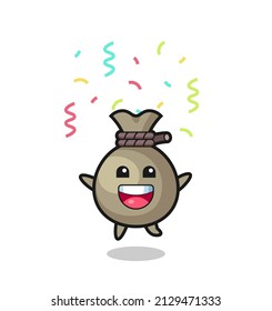 happy money sack mascot jumping for congratulation with colour confetti , cute style design for t shirt, sticker, logo element