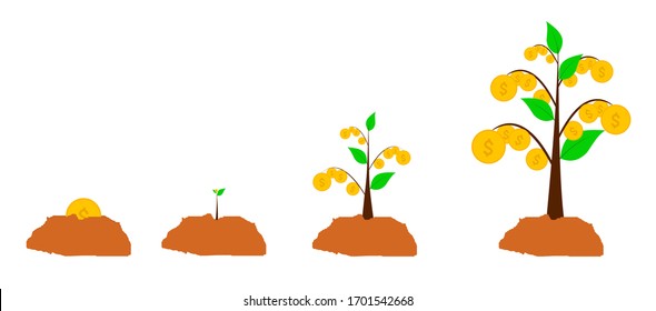 Happy money tree, money growth, investment. Business investment icon concept, investment profits.