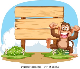 Happy monkey beside a large empty signboard.