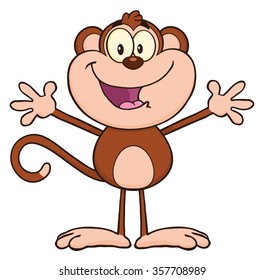Happy Monkey Cartoon Character With Open Arms. Vector Illustration Isolated On White